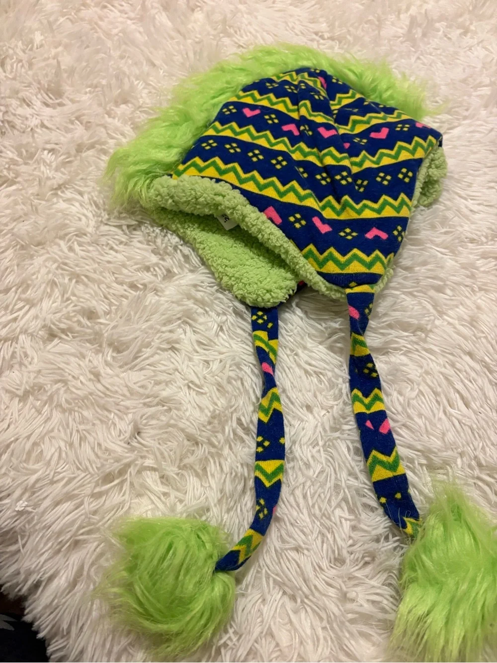 Neon Green Patterned Faux-Fur Earflap Hat